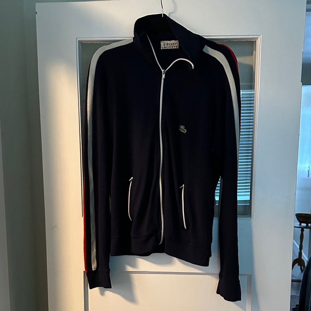 Lacoste Men's Zip-Up Sweater in Navy with White and Red Stripes